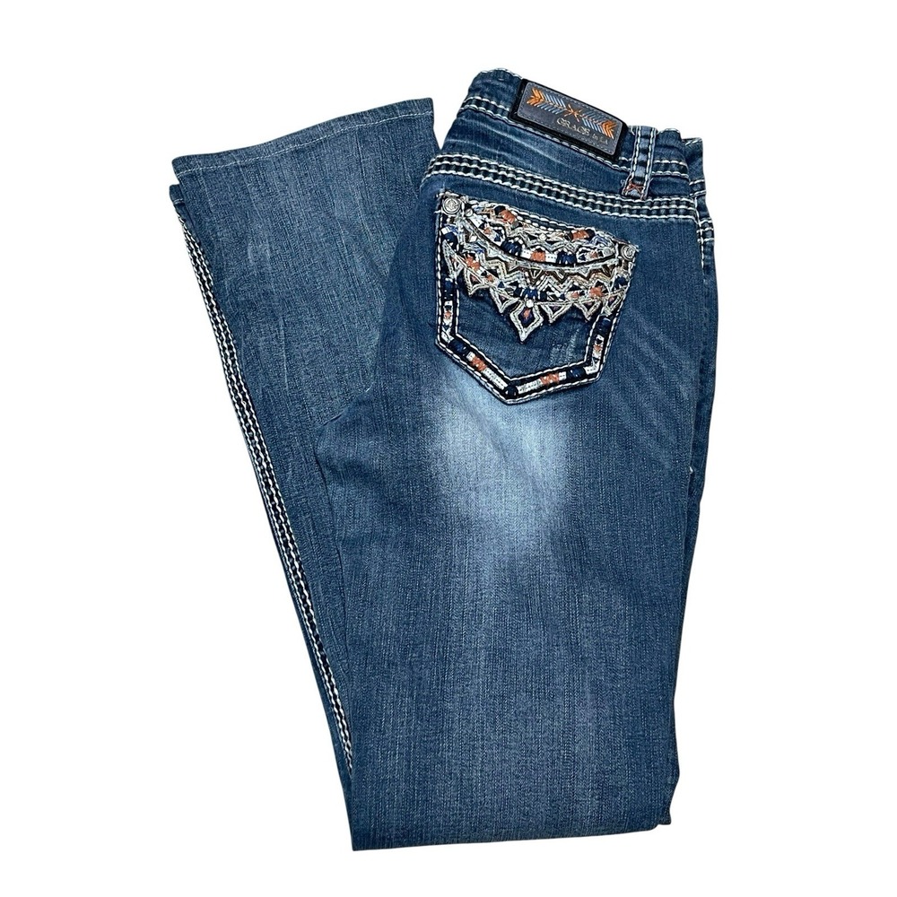Grace In LA Jeans Embellished Thick Stitch Y2K Style Bootcut Jeans Size 28